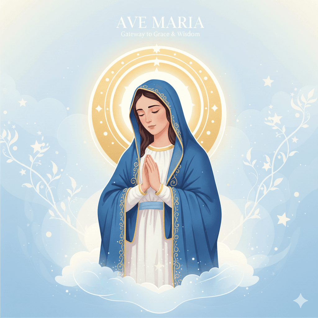 Ilustración de la Virgen María rezando a la luz dorada